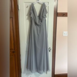 Long grey (Mercury) flutter sleeve bridesmaid dress